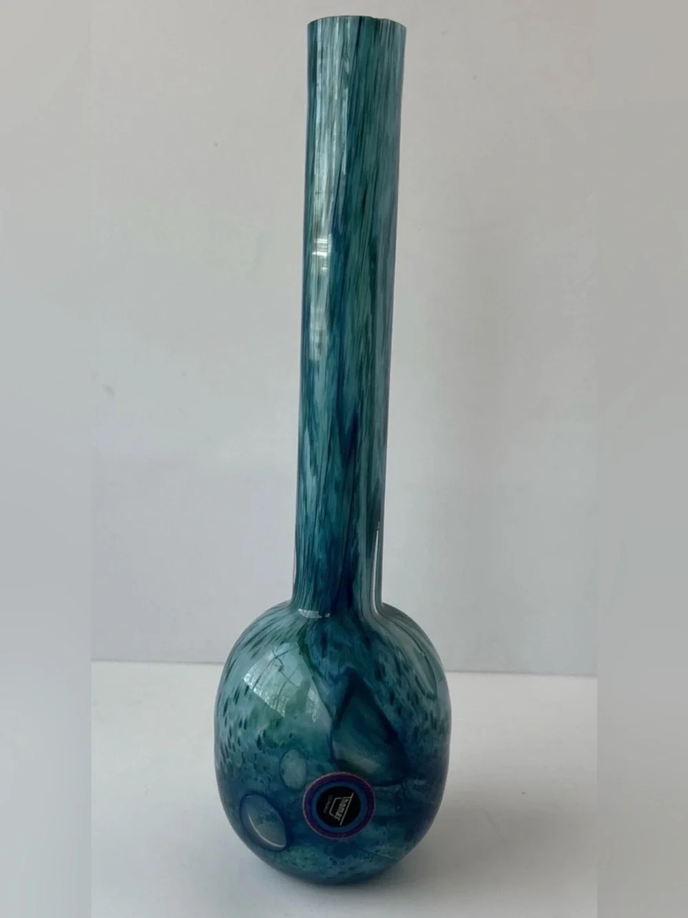 Thomas Germany Art Glass Bud Vase MCM Blue Teal Swirl Hand Blown 8